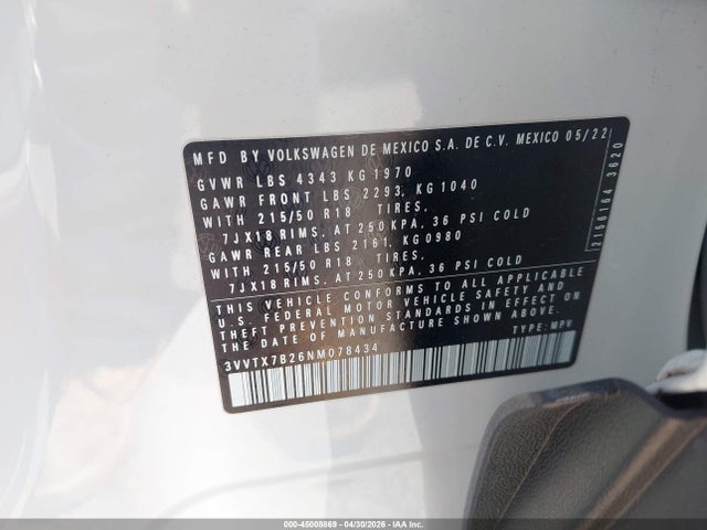 45008869 :رقم المزاد ، 3VVTX7B26NM078434 vin ، 2022 Volkswagen Taos 1.5t Se مزاد بيع