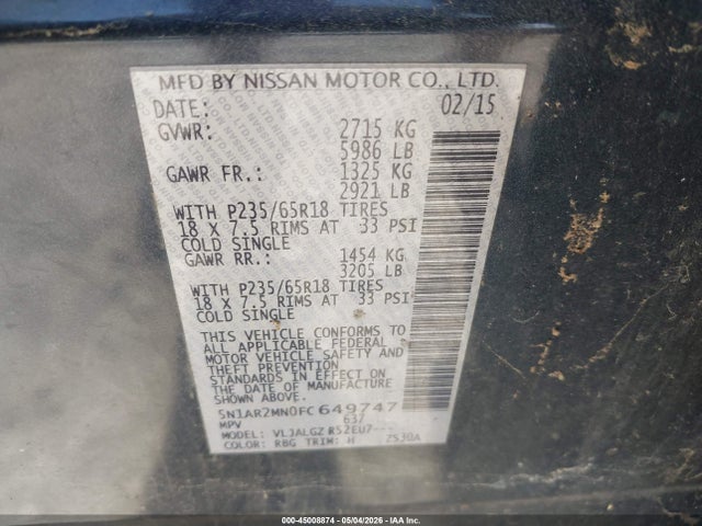 5N1AR2MN0FC649747 Nissan Pathfinder Sl