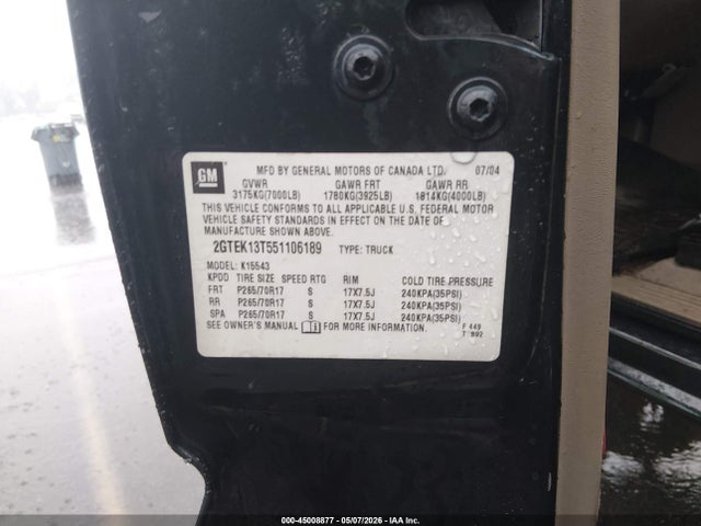 Aukcja sprzedaży 2005 Gmc Sierra 1500 Slt, vin: 2GTEK13T551106189, numer aukcji: 45008877