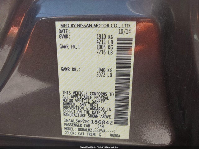 Продаж на аукціоні авто 2015 Nissan Altima 2.5 Sv, vin: 1N4AL3AP2FC186842, номер лоту: 45008880