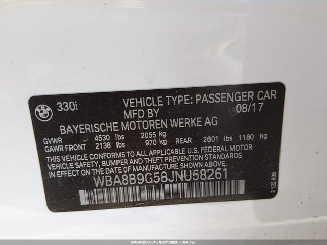 45008884 :رقم المزاد ، WBA8B9G58JNU58261 vin ، 2018 Bmw 330i مزاد بيع