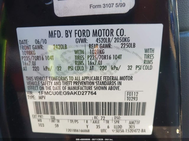 Aukcja sprzedaży 2010 Ford Escape Limited, vin: 1FMCU0EG9AKD27764, numer aukcji: 45008886