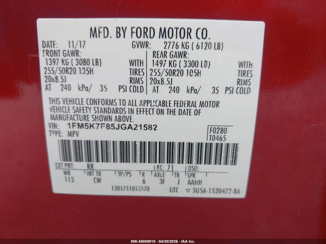 2018 Ford Explorer Limited მანქანა იყიდება აუქციონზე, vin: 1FM5K7F85JGA21582, აუქციონის ნომერი: 45008910