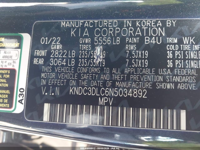 45008912 :رقم المزاد ، KNDC3DLC6N5034892 vin ، 2022 Kia Ev6 Wind مزاد بيع