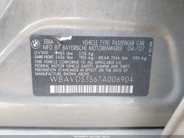 Продажа на аукционе авто 2007 Bmw 335xi, vin: WBAVD53567A006904, номер лота: 45008914