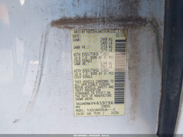 45008924 :رقم المزاد ، 5N1AN0NW3FN659796 vin ، 2015 Nissan Xterra Pro-4x مزاد بيع