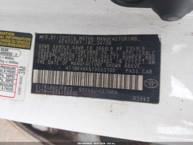 45008926 :رقم المزاد ، 4T1BK46K67U503100 vin ، 2007 Toyota Camry Le V6 مزاد بيع