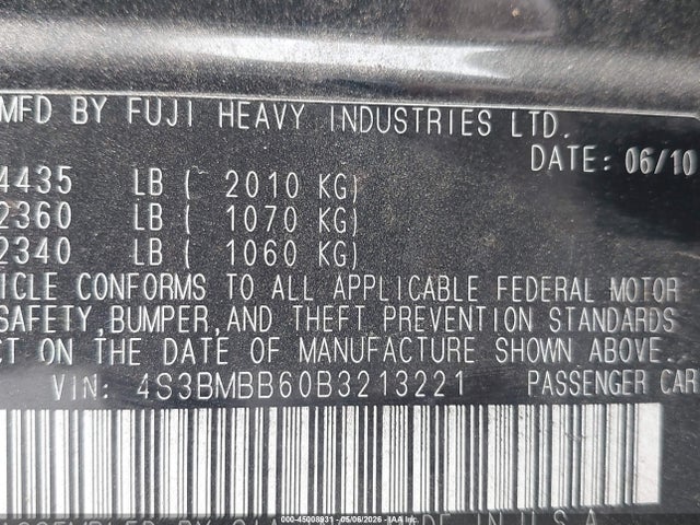 45008931 :رقم المزاد ، 4S3BMBB60B3213221 vin ، 2011 Subaru Legacy 2.5i Premium مزاد بيع