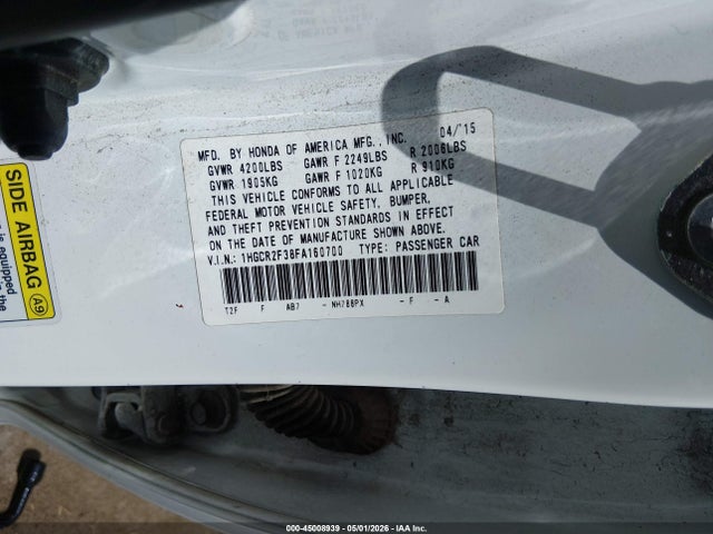 45008939 :رقم المزاد ، 1HGCR2F38FA160700 vin ، 2015 Honda Accord Lx مزاد بيع