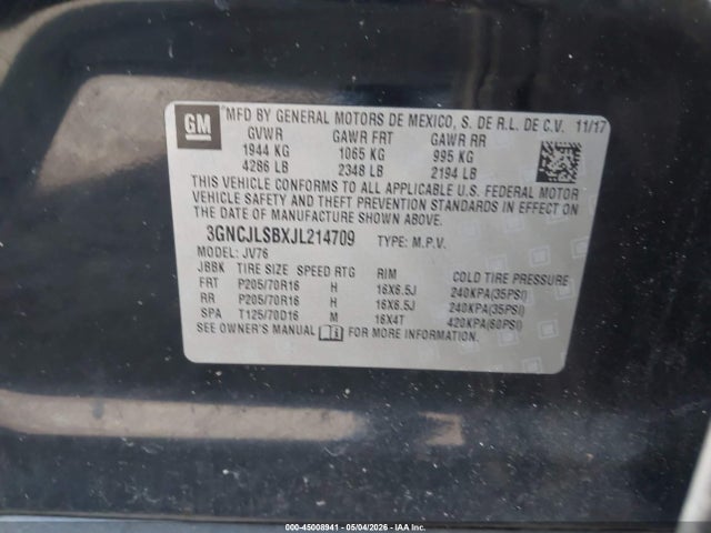 Продаж на аукціоні авто 2018 Chevrolet Trax Lt, vin: 3GNCJLSBXJL214709, номер лоту: 45008941