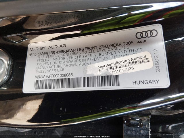 2016 Audi A3 1.8t Premium მანქანა იყიდება აუქციონზე, vin: WAUA7GFF0G1008086, აუქციონის ნომერი: 45008943