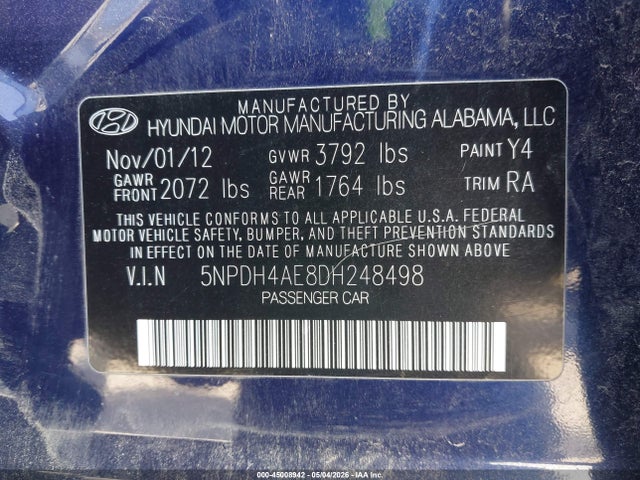 2013 Hyundai Elantra Gls მანქანა იყიდება აუქციონზე, vin: 5NPDH4AE8DH248498, აუქციონის ნომერი: 45008942