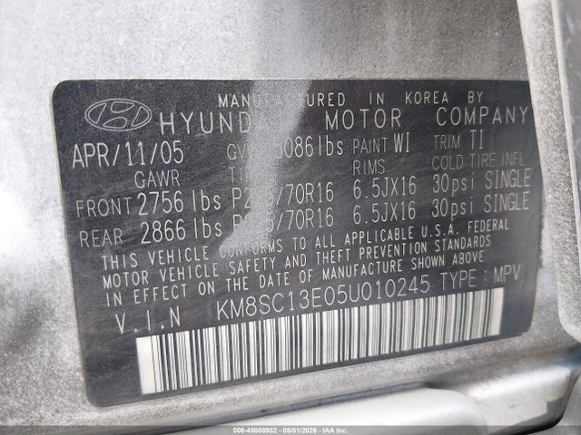 Aukcja sprzedaży 2005 Hyundai Santa Fe Gls/lx, vin: KM8SC13E05U010245, numer aukcji: 45008952