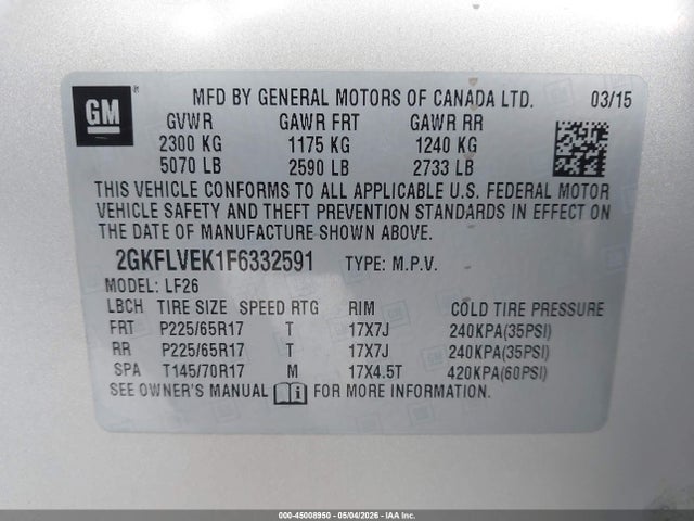 45008950 :رقم المزاد ، 2GKFLVEK1F6332591 vin ، 2015 Gmc Terrain Sle-1 مزاد بيع