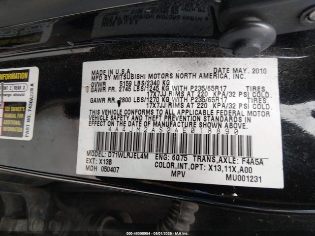 2010 Mitsubishi Endeavor Ls მანქანა იყიდება აუქციონზე, vin: 4A4JM2AS2AE018890, აუქციონის ნომერი: 45008954
