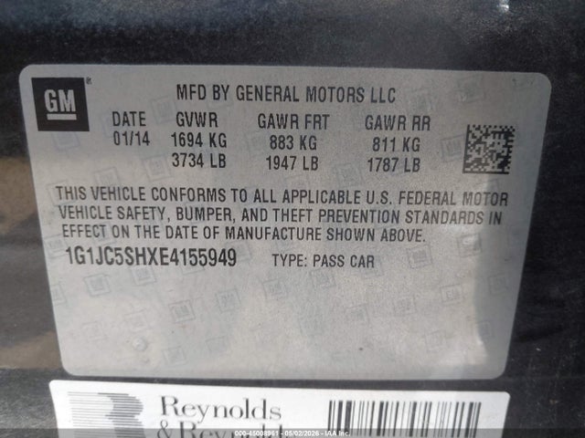 Aukcja sprzedaży 2014 Chevrolet Sonic Lt Auto, vin: 1G1JC5SHXE4155949, numer aukcji: 45008961