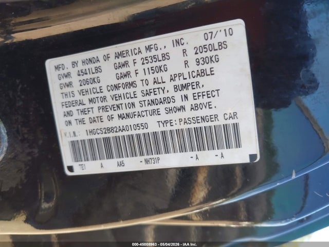Продажа на аукционе авто 2010 Honda Accord 3.5 Ex-l, vin: 1HGCS2B82AA010550, номер лота: 45008963