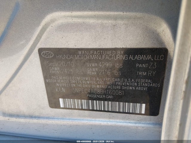 Aukcja sprzedaży 2011 Hyundai Sonata Se, vin: 5NPEC4AC8BH160081, numer aukcji: 45008966