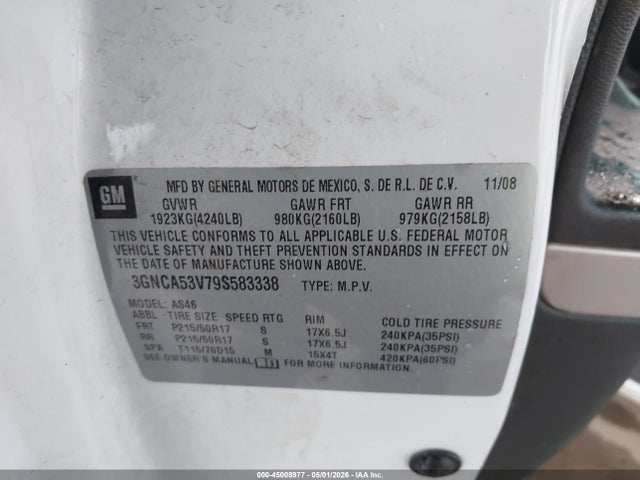 Продаж на аукціоні авто 2009 Chevrolet Hhr Lt, vin: 3GNCA53V79S583338, номер лоту: 45008977