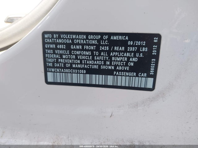 Продаж на аукціоні авто 2013 Volkswagen Passat 2.0l Tdi Sel Premium, vin: 1VWCN7A38DC031059, номер лоту: 45008979