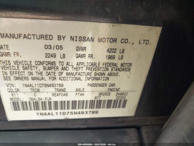 Aukcja sprzedaży 2005 Nissan Altima 2.5 S, vin: 1N4AL11D75N493789, numer aukcji: 45008984