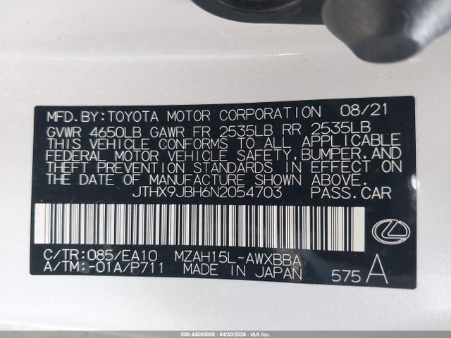 Aukcja sprzedaży 2022 Lexus Ux 250h, vin: JTHX9JBH6N2054703, numer aukcji: 45008990