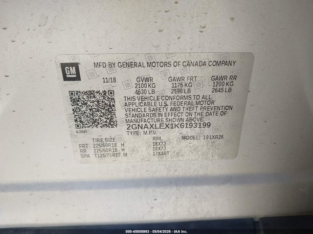 Aukcja sprzedaży 2019 Chevrolet Equinox Lt, vin: 2GNAXLEX1K6193199, numer aukcji: 45008993
