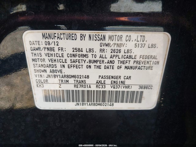 45008995 :رقم المزاد ، JN1BY1AR8DM602148 vin ، 2013 Infiniti M37x مزاد بيع