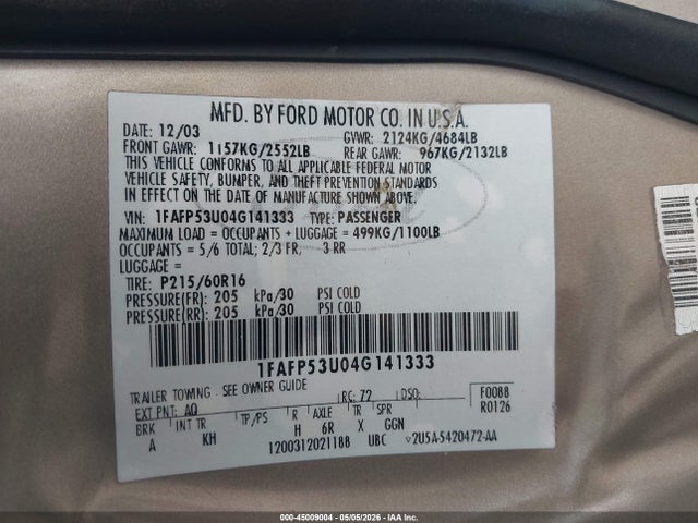 Продаж на аукціоні авто 2004 Ford Taurus Se, vin: 1FAFP53U04G141333, номер лоту: 45009004