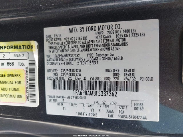45009006 :رقم المزاد ، 1FA6P8AM8F5337362 vin ، 2015 Ford Mustang V6 مزاد بيع