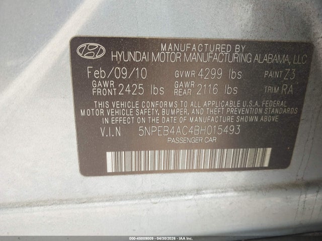 2011 Hyundai Sonata Gls მანქანა იყიდება აუქციონზე, vin: 5NPEB4AC4BH015493, აუქციონის ნომერი: 45009009