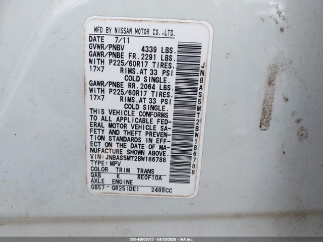 2011 Nissan Rogue Sv მანქანა იყიდება აუქციონზე, vin: JN8AS5MT2BW186788, აუქციონის ნომერი: 45009017