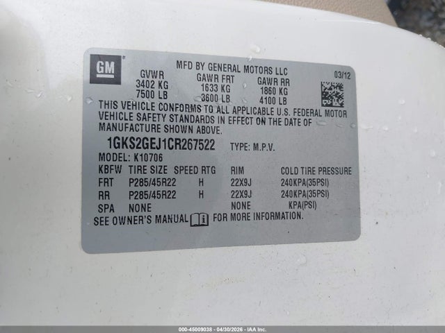 Продаж на аукціоні авто 2012 Gmc Yukon Hybrid Denali, vin: 1GKS2GEJ1CR267522, номер лоту: 45009038