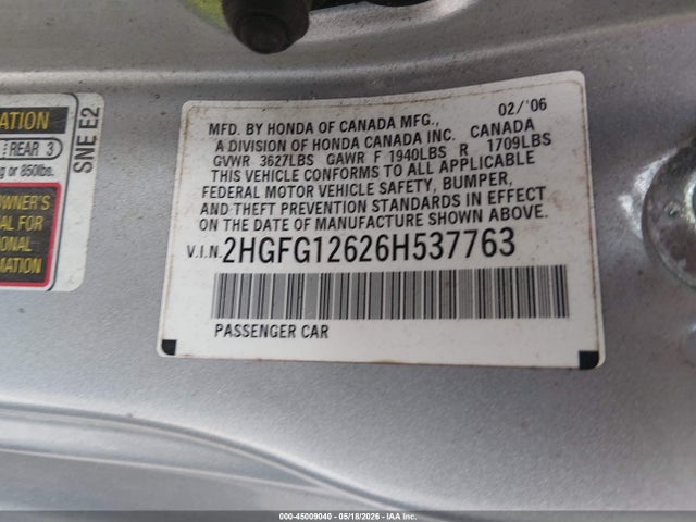 Aukcja sprzedaży 2006 Honda Civic Lx, vin: 2HGFG12626H537763, numer aukcji: 45009040