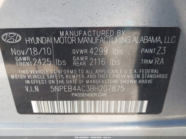 45009054 :رقم المزاد ، 5NPEB4AC3BH207875 vin ، 2011 Hyundai Sonata Gls مزاد بيع