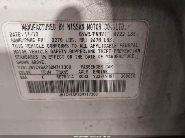 45009057 :رقم المزاد ، JN1CV6AP3DM717300 vin ، 2013 Infiniti G37 Journey مزاد بيع