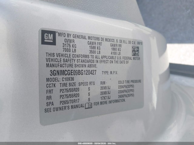 2011 Chevrolet Avalanche 1500 Ltz მანქანა იყიდება აუქციონზე, vin: 3GNMCGE09BG120427, აუქციონის ნომერი: 45009059
