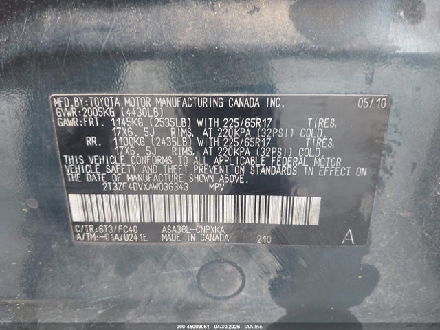 45009061 :رقم المزاد ، 2T3ZF4DVXAW036343 vin ، 2010 Toyota Rav4 مزاد بيع