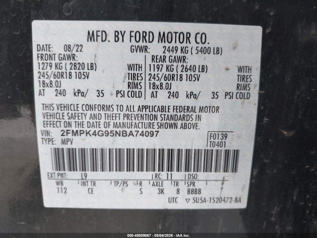 Продажа на аукционе авто 2022 Ford Edge Se, vin: 2FMPK4G95NBA74097, номер лота: 45009067