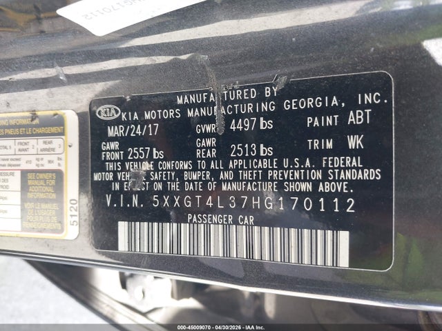 45009070 :رقم المزاد ، 5XXGT4L37HG170112 vin ، 2017 Kia Optima Lx مزاد بيع