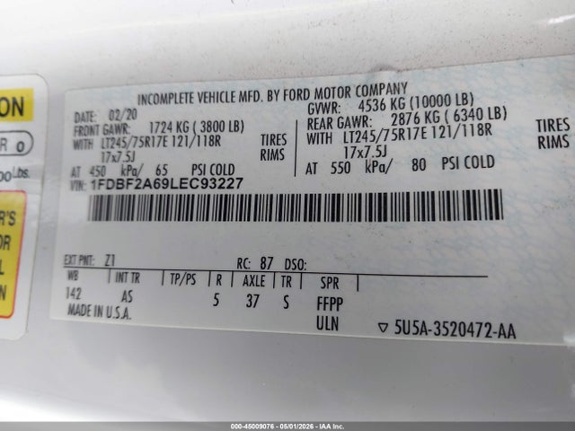 Aukcja sprzedaży 2020 Ford F-250 Xl, vin: 1FDBF2A69LEC93227, numer aukcji: 45009076