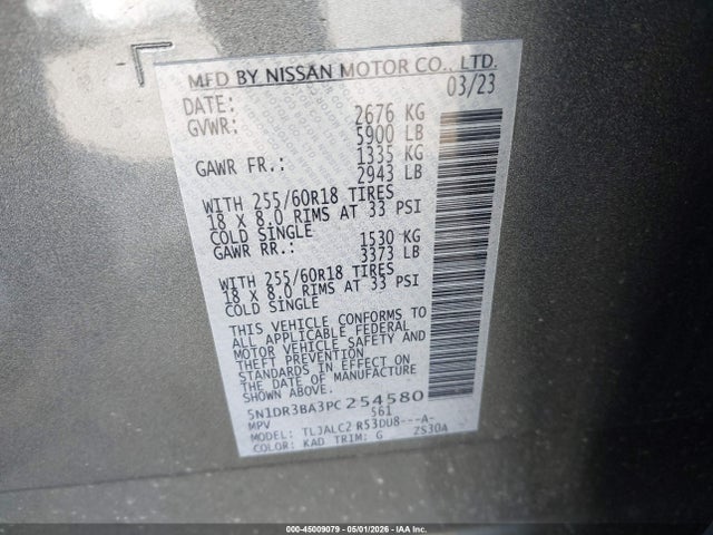 2023 Nissan Pathfinder Sv Fwd მანქანა იყიდება აუქციონზე, vin: 5N1DR3BA3PC254580, აუქციონის ნომერი: 45009079