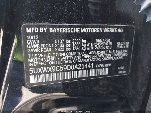 Продаж на аукціоні авто 2013 Bmw X3 Xdrive28i, vin: 5UXWX9C59D0A25441, номер лоту: 45009091