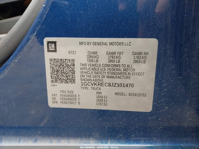 2018 Chevrolet Silverado 1500 1lt მანქანა იყიდება აუქციონზე, vin: 1GCVKREC8JZ101470, აუქციონის ნომერი: 45009094