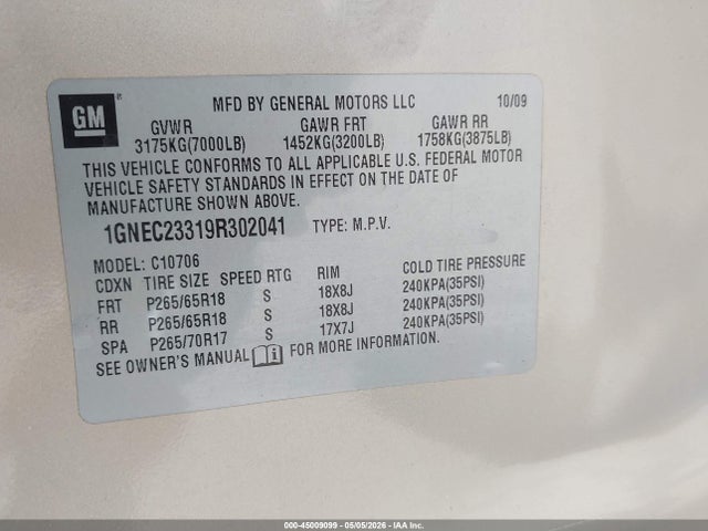45009099 :رقم المزاد ، 1GNEC23319R302041 vin ، 2009 Chevrolet Tahoe Lt1 مزاد بيع