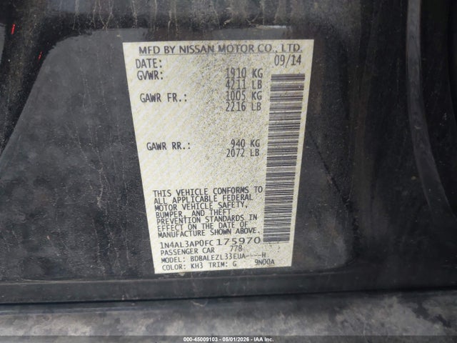 2015 Nissan Altima 2.5 S მანქანა იყიდება აუქციონზე, vin: 1N4AL3AP0FC175970, აუქციონის ნომერი: 45009103