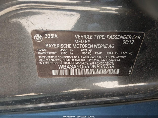 45009116 :رقم المزاد ، WBA3A9G55DNP35739 vin ، 2013 Bmw 335i مزاد بيع