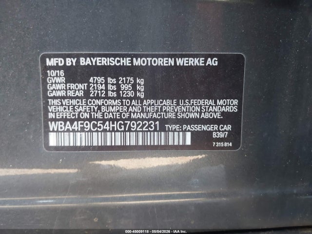 45009118 :رقم المزاد ، WBA4F9C54HG792231 vin ، 2017 Bmw 430i Gran Coupe Xdrive مزاد بيع