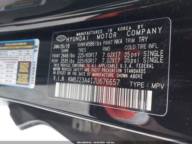 Aukcja sprzedaży 2018 Hyundai Tucson Se, vin: KM8J23A41JU676657, numer aukcji: 45009125