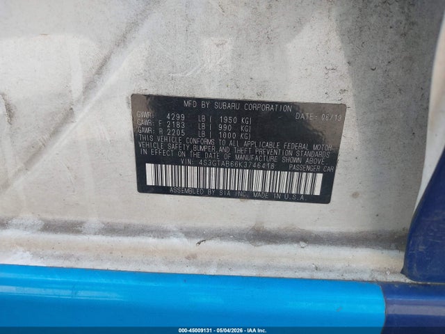 45009131 :رقم المزاد ، 4S3GTAB66K3746418 vin ، 2019 Subaru Impreza 2.0i مزاد بيع